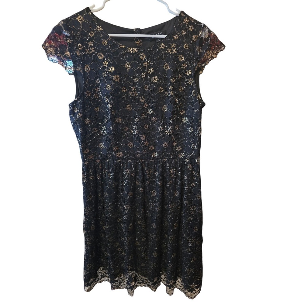 Tahari Midi Dress 10 Womens Black Gold Lace Overlay Coquette Cottage‎ Core Party